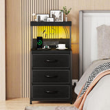 SZLHANJZ LED Nighstand with Charging Station, Dresser Nightstand with 3 Drawers and LED Lights, Storage Side Table with Shelf and Hooks, Tall End Table for Bedside, Bedroom, Modern Black SZLHANJZ