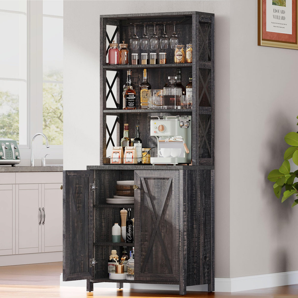 DWVO 67" Tall Wine Bar Cabinet for Liquor and Glasses, Farmhouse Kitchen Cabinet Coffee Bar with Adjustable Shelves, Open Storage Shelves, Buffet Kitchen Cabinet for Dinning Room, Kitchen, Rustic Oak DWVO