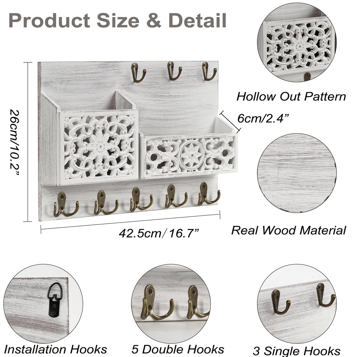 QILICHZ Key and Mail Holder for Wall,Decorative Key Holder Wall Mount,Wood Key Holder for Wall,Farmhouse Mail Key Organizer 13 Key Hooks,Rustic Key Hanger Wall Mount for Mail Envelope Letter Key,White QILICHZ