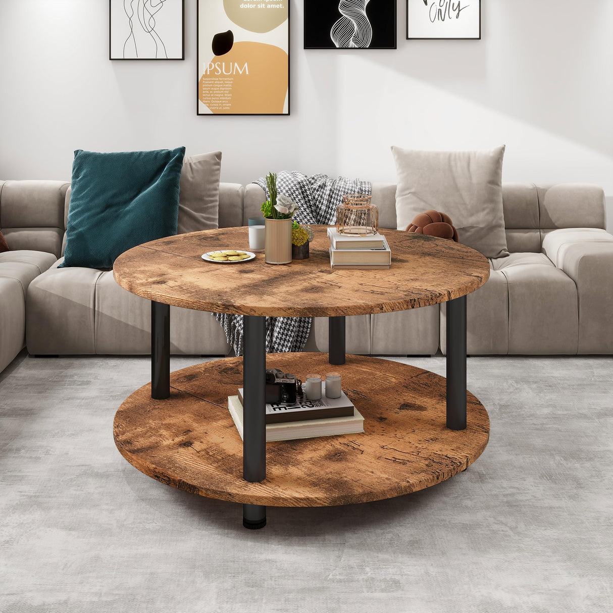 VERFARM 23.6" Round Coffee Table, 2-Tier Small Circle Coffee Table with Storage, Modern Center Accent Table with Metal Frame, Side Table End Table for Small Space, Living Room, Office, Rustic Brown VERFARM