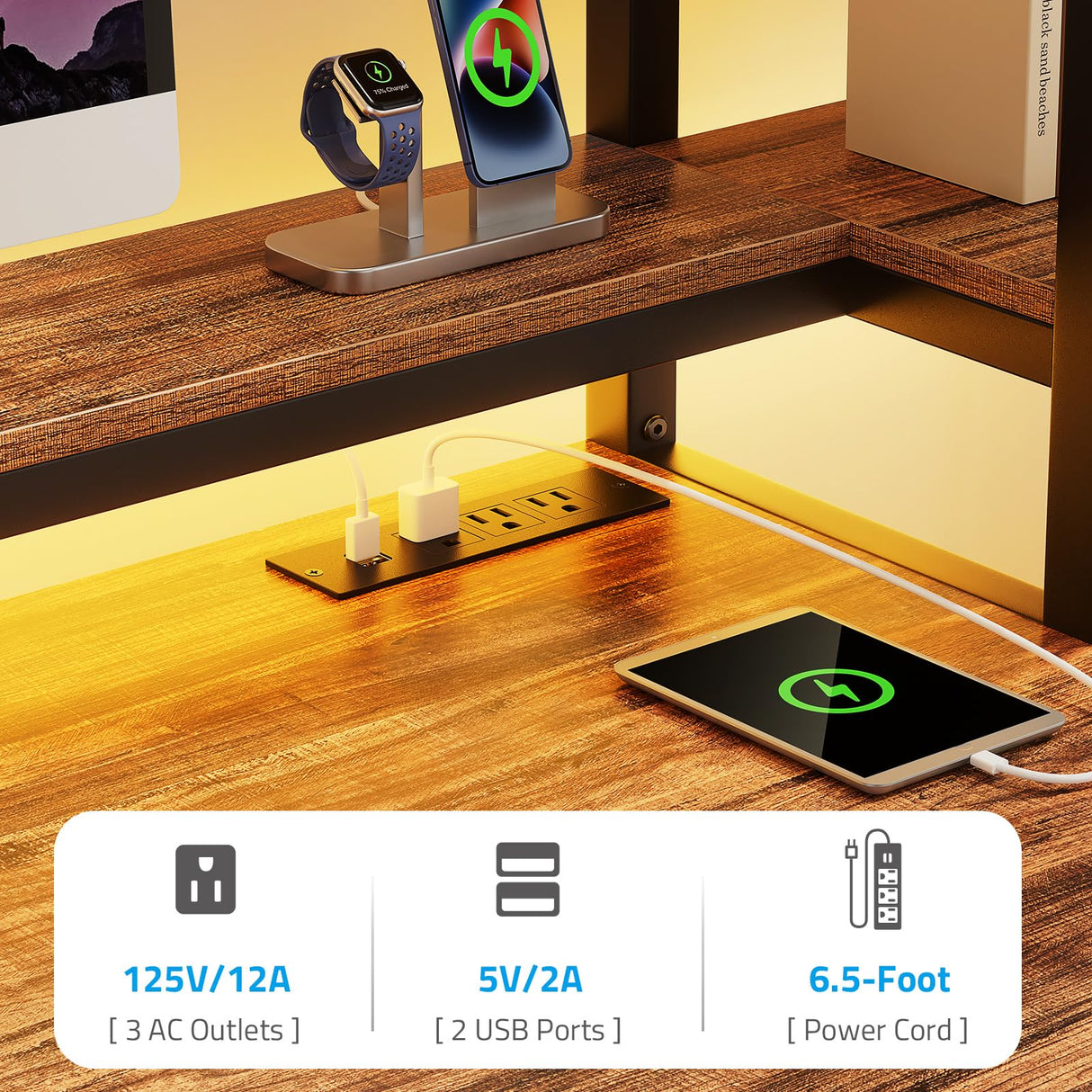 GreenForest Computer Desk with Drawers and Monitor Stand, Home Office Desk with Storage Shelves, Small Gaming Desk with Power Outlets and LED Lights for Study Writing Working, 51 inch Walnut GreenForest