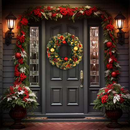 Pre-lit Christmas Wreath 24" Extra Large Christmas Wreath Artificial Deluxe Lighted Plug in Christmas Decorations Ornament with Lights Door Window Fireplace Decor 10ft Cable