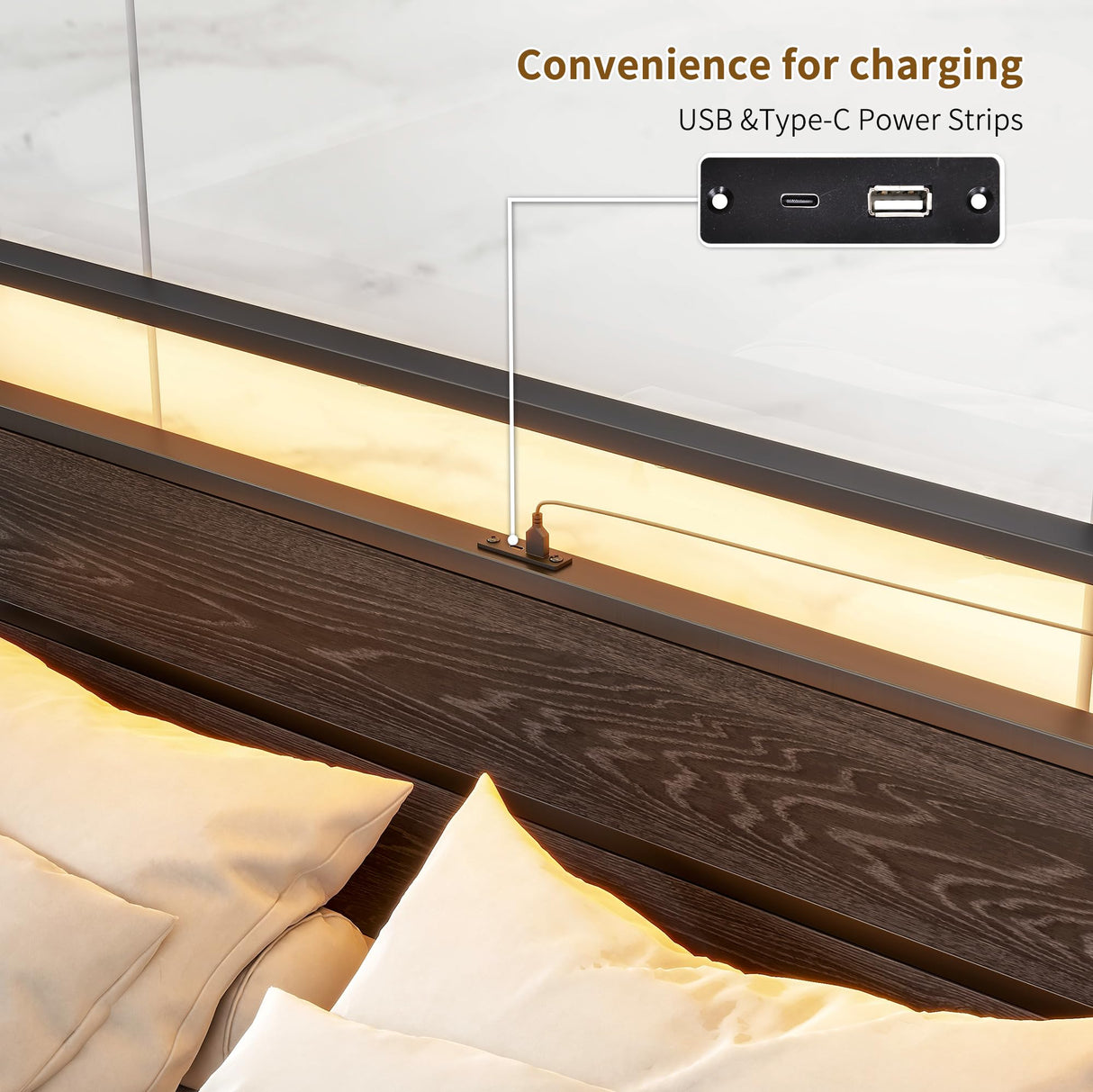 Full Size BOFENG Bed Frame with Wood Headboard, LED Lights & USB Charging Station BOFENG