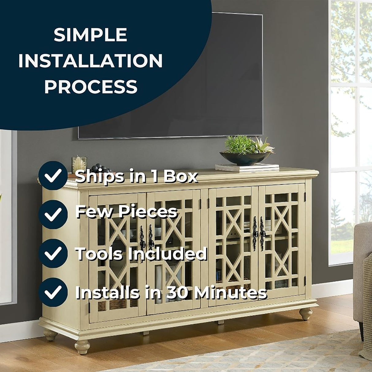 Martin Svensson Home Orsey 63" Solid Wood TV Stand - Antique Cream White Finish - Rustic Style and Parisian Design Inspired - with Two Spacious Cabinets with Adjustable Shelves for Storage. Martin Svensson Home