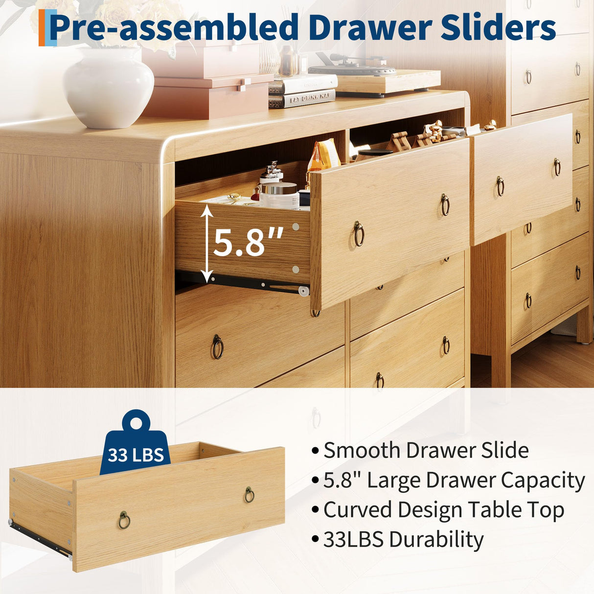 IDEALHOUSE 6 Drawer Dresser, Storage Organizer with Sturdy Metal Handle, TV Stand for 55 inch TV, Chest of Drawers for Living Room, Hallway, Closet IDEALHOUSE