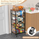 Hastatii Kitchen Storage Cart, 5-Tier Utility Organizer with Baskets and Wood Top, Rolling Snack Cart with Wheels, Metal Black Hastatii