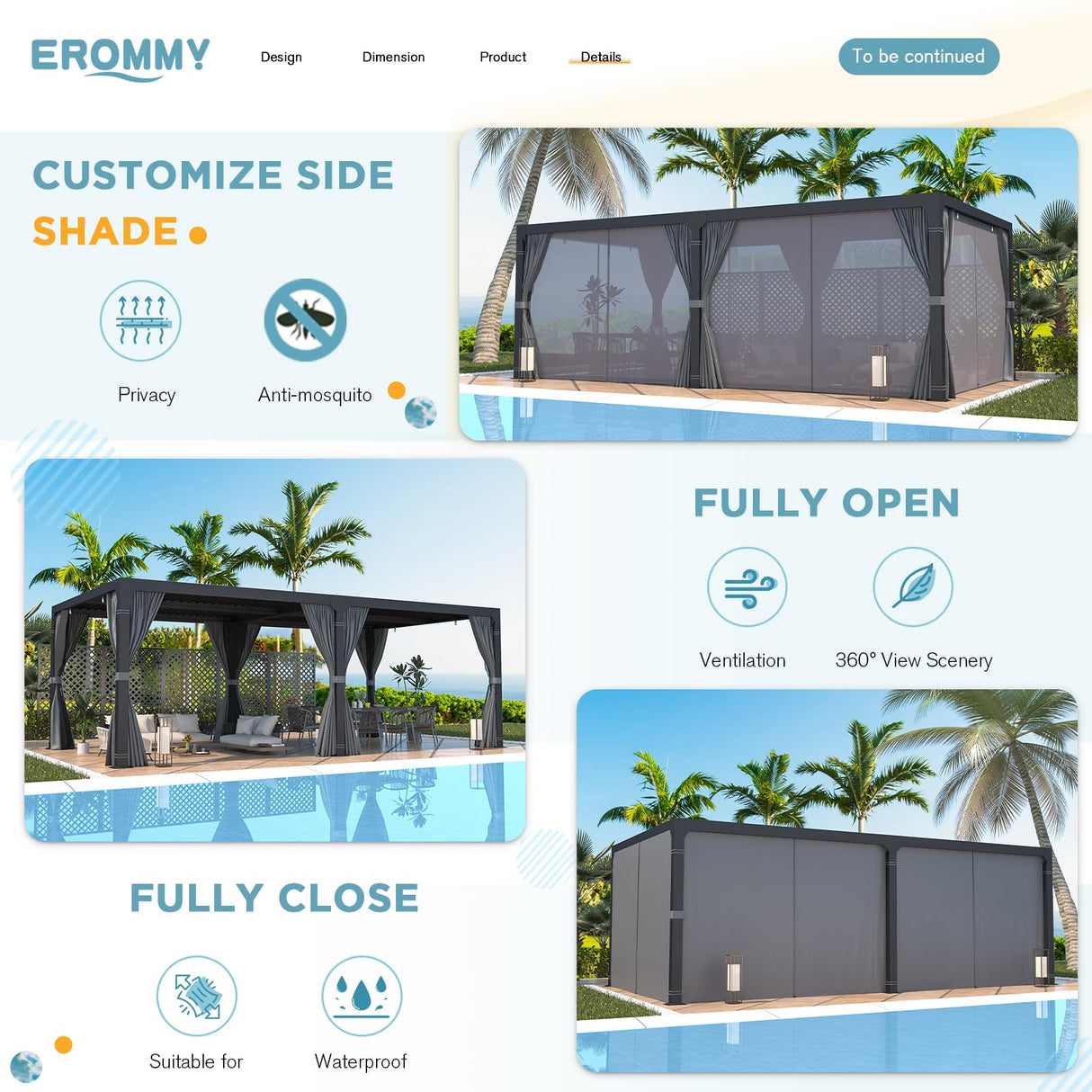 EROMMY Louvered Pergola 12' x 24' Outdoor Hard Top Pergola with Aluminum Frame and Adjustable Metal Rainproof Roof for Garden & Patio, Curtains and Netting Included, Gray-Black EROMMY