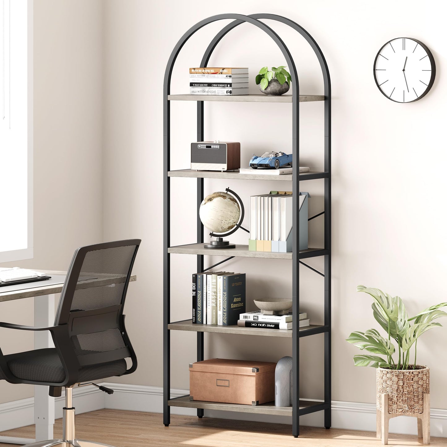 IDEALHOUSE 5-Tier Grey Bookshelf – Stylish Arched Display Rack for Home, Office, or Living Room Storage - WoodArtSupply