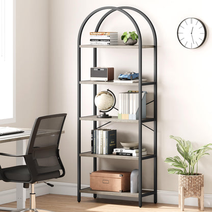 IDEALHOUSE 5-Tier Grey Bookshelf – Stylish Arched Display Rack for Home, Office, or Living Room Storage - WoodArtSupply