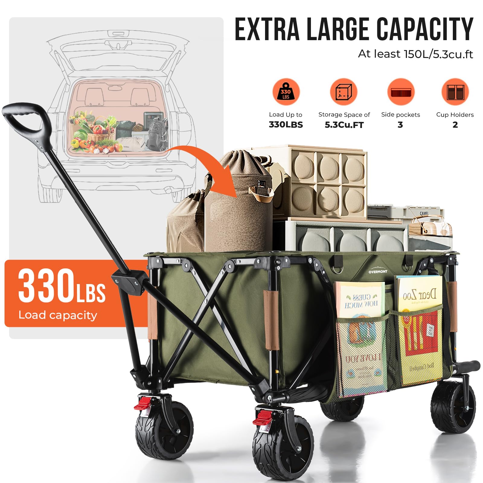 Overmont Collapsible Wagon Cart with Wheels - Foldable Heavy Duty Wagon with Big All-Terrain Wheels - 330Lbs Weight Capacity with Side Pockets for Camping Sports Garden Grocery Shopping Green - WoodArtSupply