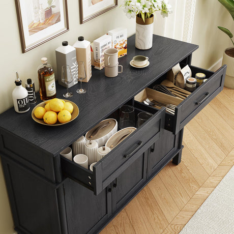 48" Buffet Cabinet with Storage, Farmhouse Sideboard Cabinet w/2 Drawers and 3 Doors, Wood Coffee Bar Cabinet with Adjustable Shelves, Storage Cabinet for Kitchen, Living Room, Entryway, Black ONBRILL