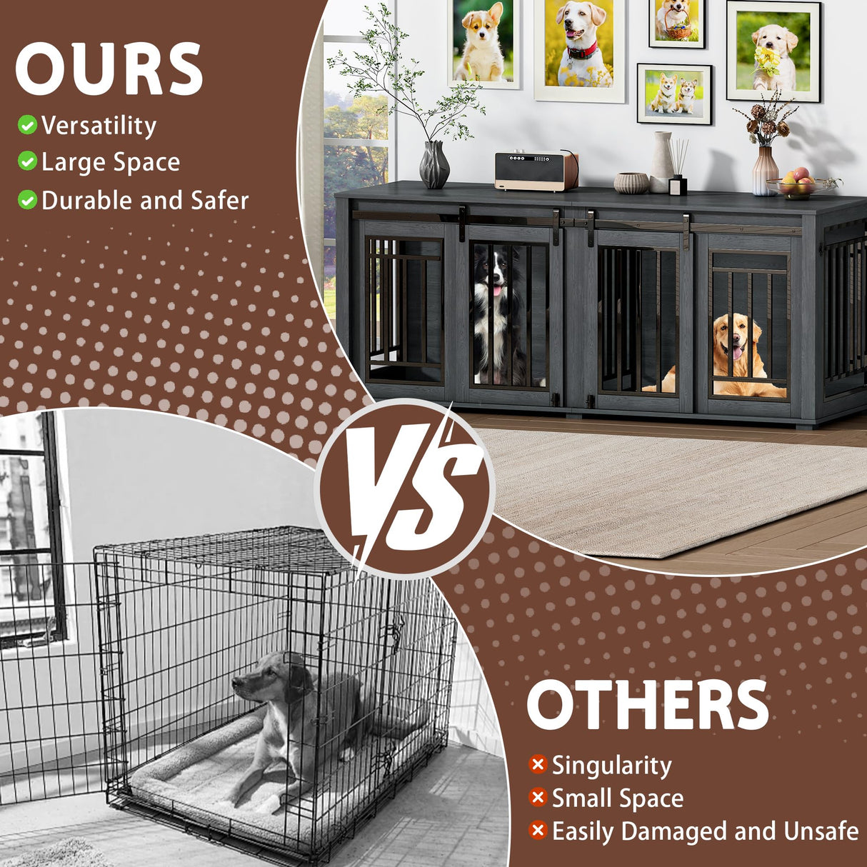 DEYGIA Large Dog Crate Furniture for 2 Dogs, Upgrade 71" Pro XXL Sliding Door Heavy Duty Dog Kennel Furniture with Divider, Steel Frame Indoor Double Dog Crate for Large Medium Small Dogs, Dark Black DEYGIA
