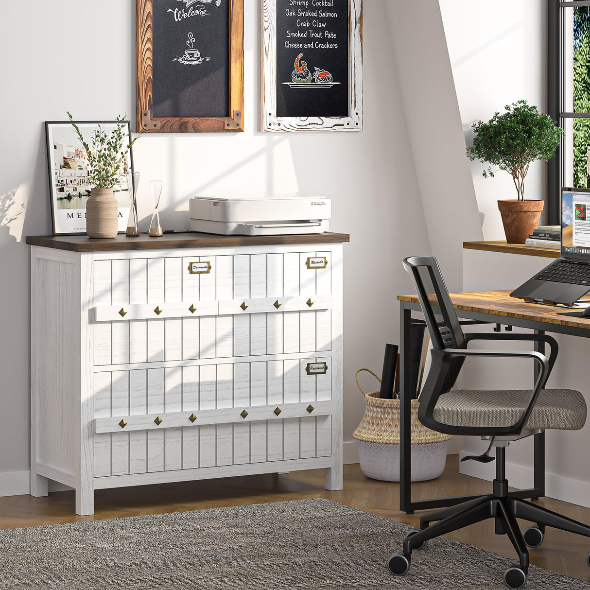 TVU Farmhouse 3 Drawer File Cabinet with Charging Station, Solid Lateral Filing Cabinet for Home Office, Office Organizer for Legal/Letter/A4/Folders File - Beside Desk Printer Stand TVU