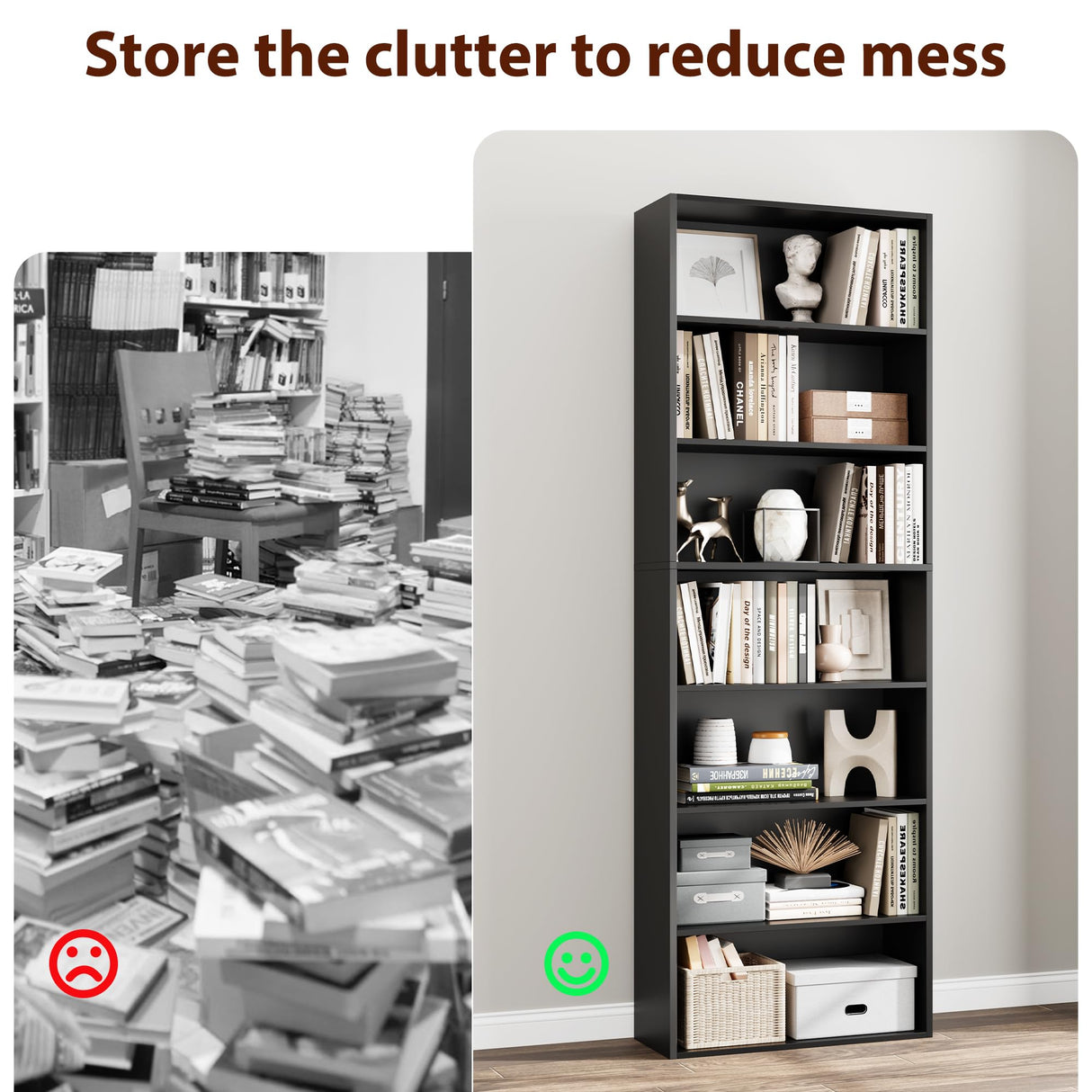 FACBOTALL 82" Tall Bookshelf, 7-Tier Open Shelves Bookcase, Freestanding Display Storage Shelves, Tall Bookcase Home Decor Furniture for Home Office, Living Room, Bedroom, Black FACBOTALL