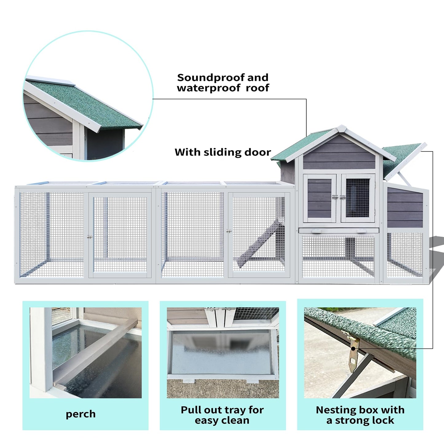 RUNVA 122" Large Chicken Coop with Nest Box and Removable Tray, Hen House for 2-6 Chickens, Outdoor Weatherproof Small Animal Cages