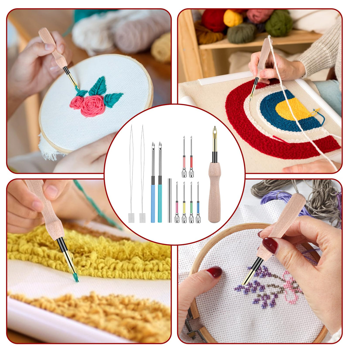 12 Pcs Punch Needle Kit, Embroidery Punch Needle Tool Wooden Handle Embroidery Tool Punch Needle Threader Set for Adults Beginner Yarn Floss Cross Stitching Piriuuo