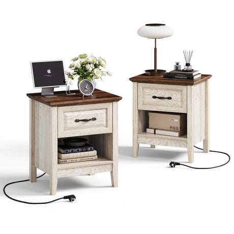 LINSY Night Stand Set of 2, 18.9" Farmhouse Wood NightStand with Type-C Charger &Open Storage Shelf Nightstands with Drawer, Side Table End Table for Bedroom Living Room Sofa Couch Office Beige LINSY
