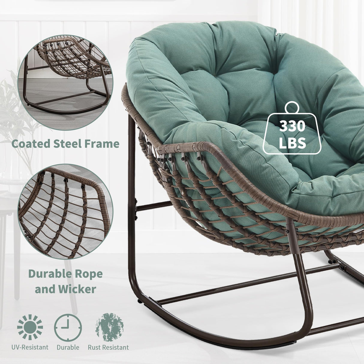 Villeston Outdoor Papasan Rocking Chair - Oversized Comfy Patio Chair Indoor Egg Royal Rattan Rocking Chair with Cushion for Front Porch Lounge Lawn Bedroom Living Room (Grass Green) Villeston