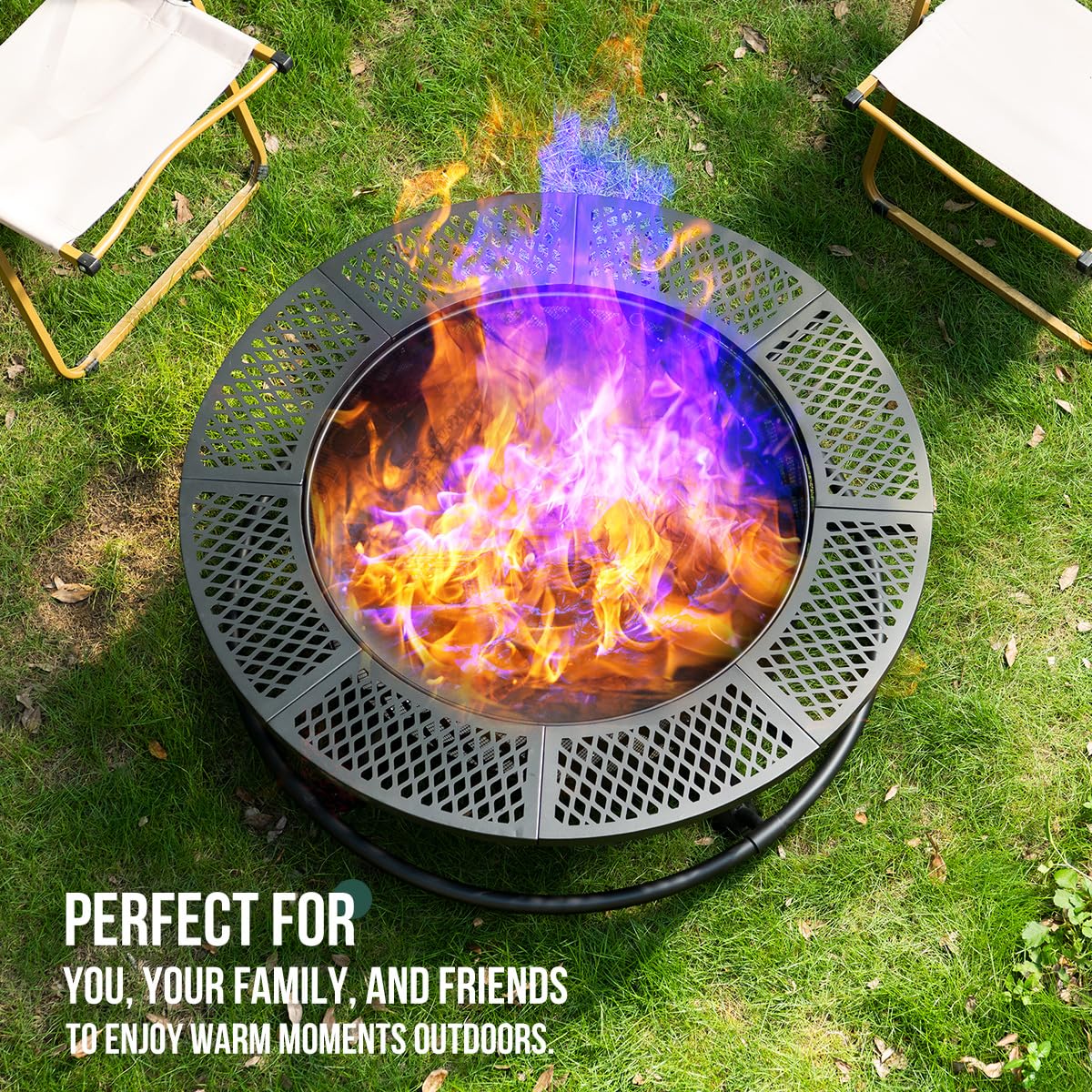 Panovue 36 Inch Fire Pit with Grill, Wood Burning Fire Pits for Outside with Lid& Fire Poker, Round Metal Firepit Table 3 in 1 with Cooking Grate,Outdoor Firepits for Yard Patio Bonfire Camping,Black Panovue