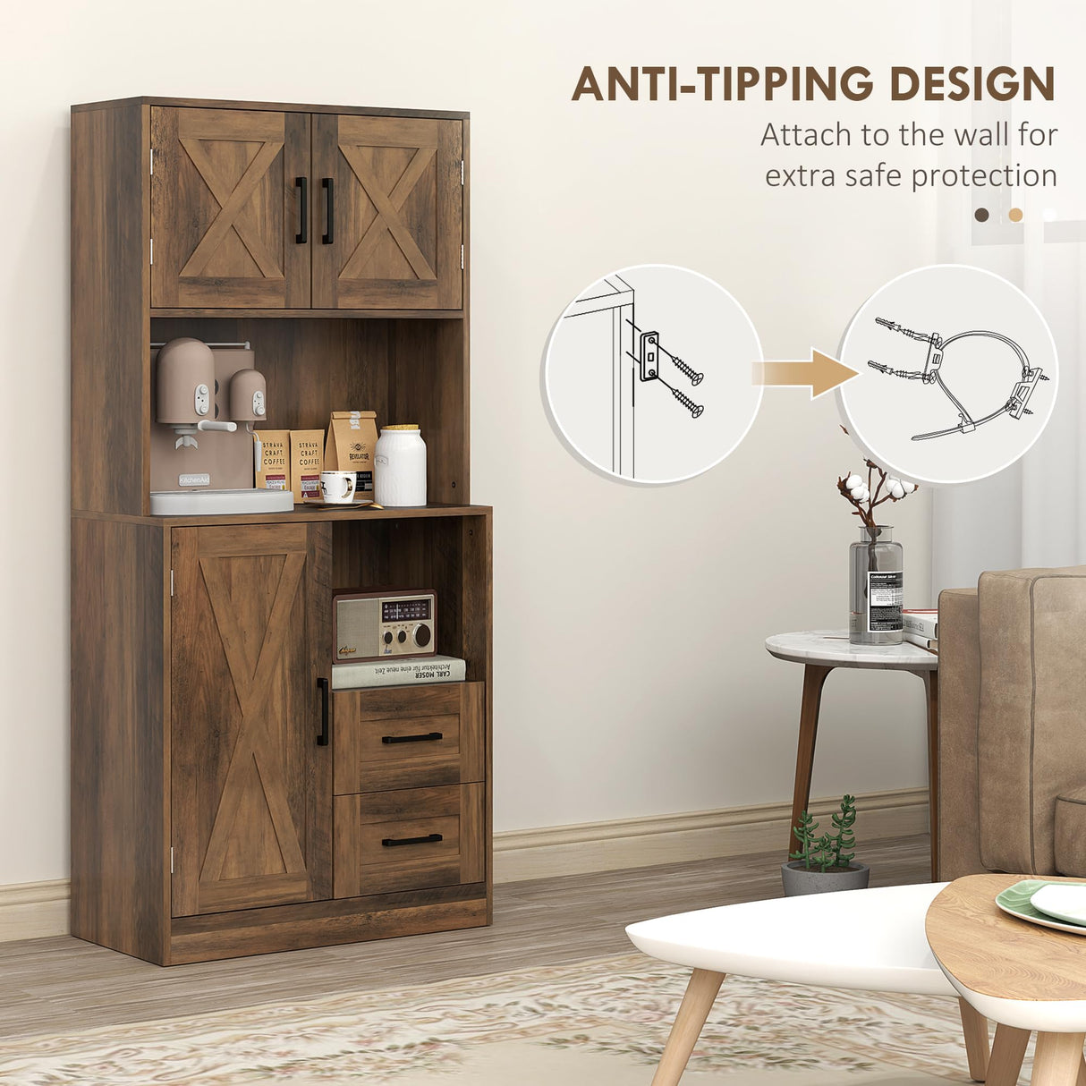 HOMCOM 71" Farmhouse Kitchen Pantry Storage Cabinet, Freestanding Tall Kitchen Hutch with Microwave Oven Countertop, Adjustable Shelves and Drawers, Brown HOMCOM