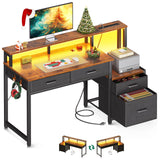 AODK 48-Inch Computer Desk with Fabric File Cabinet and Fabric Drawers, Reversible Office Desk with LED Strip and Power Strip, Gaming Desk with Monitor Riser, Writing/Study Table for Home, Vintage AODK