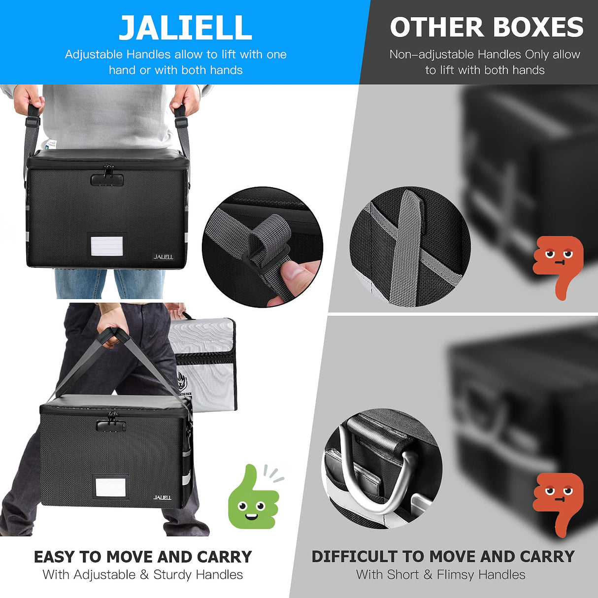 JALIELL Upgraded File Box with Lock, Fireproof Document File Organizer Box with Water-Resistant Zipper & Adjustable Handle, Collapsible Filing File Cabinet for Hanging Letter/Legal Folder (Black) JALIELL