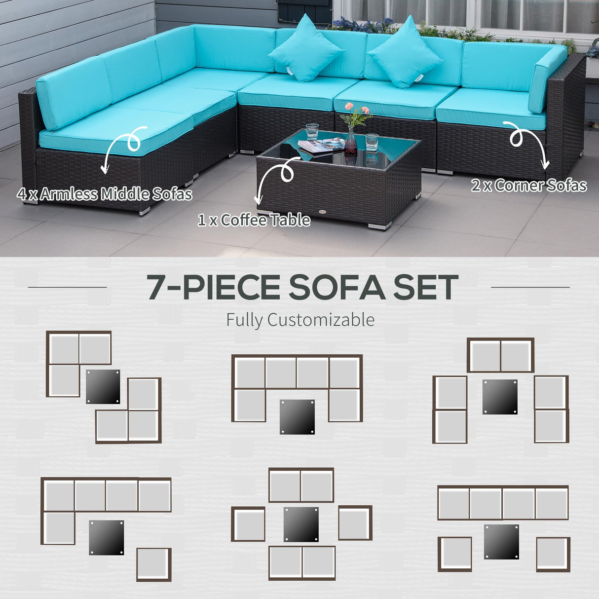 Outsunny 7-Piece Patio Furniture Sets Outdoor Wicker Conversation Sets All Weather PE Rattan Sectional Sofa Set with Cushions & Tempered Glass Desktop, Turquoise Outsunny