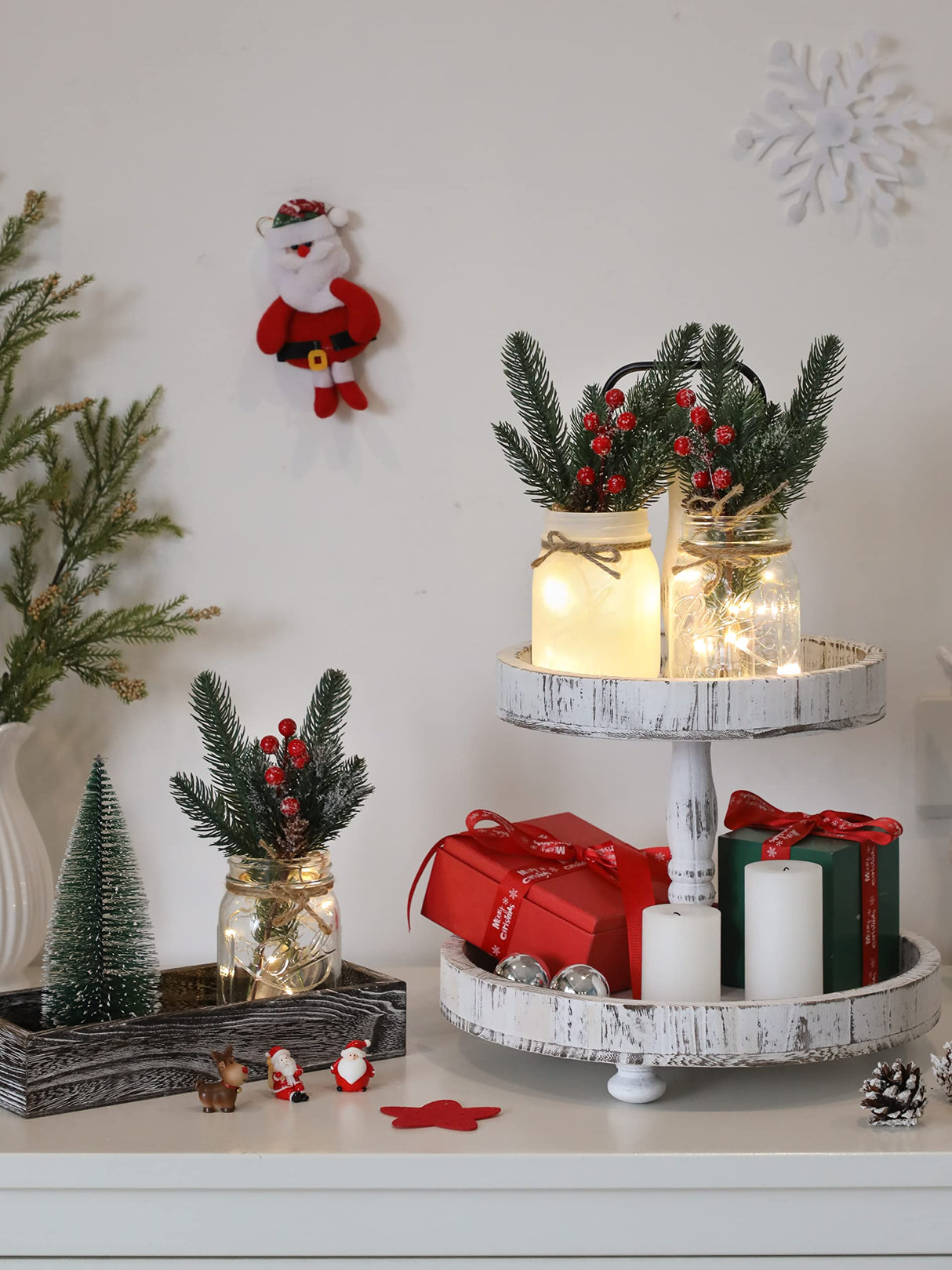 Christmas Mason Jar Centerpiece for Table with LED Lights & Artificial Plants, Set of 3 Farmhouse Decorative Mason Jars for Christmas Home Decor, Winter Kitchen Dining Table Centerpiece Maracco