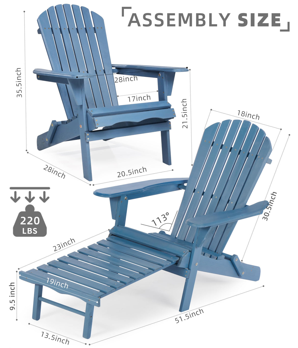 Wooden Outdoor Folding Adirondack Chair with Ottoman, Pre-Assembled BackRest & SeatBoard, Wood Patio Chair for Garden Backyard Porch Pool Deck Firepit SoliWood