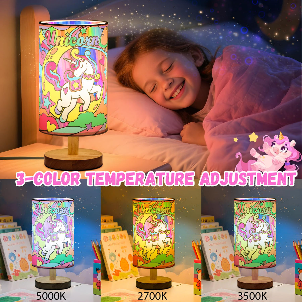 Unicorn Lamp for Kids, Birthday Gifts for Girls Ages 6 7 8 9 10 11 12 Year Old, Bedside Table Lamp for Bedroom, 3 Way Small Lamps for Nightstand, Paint You Own Unicorn Lamp Kit Toys, Art Supplies Toy JIGQGY