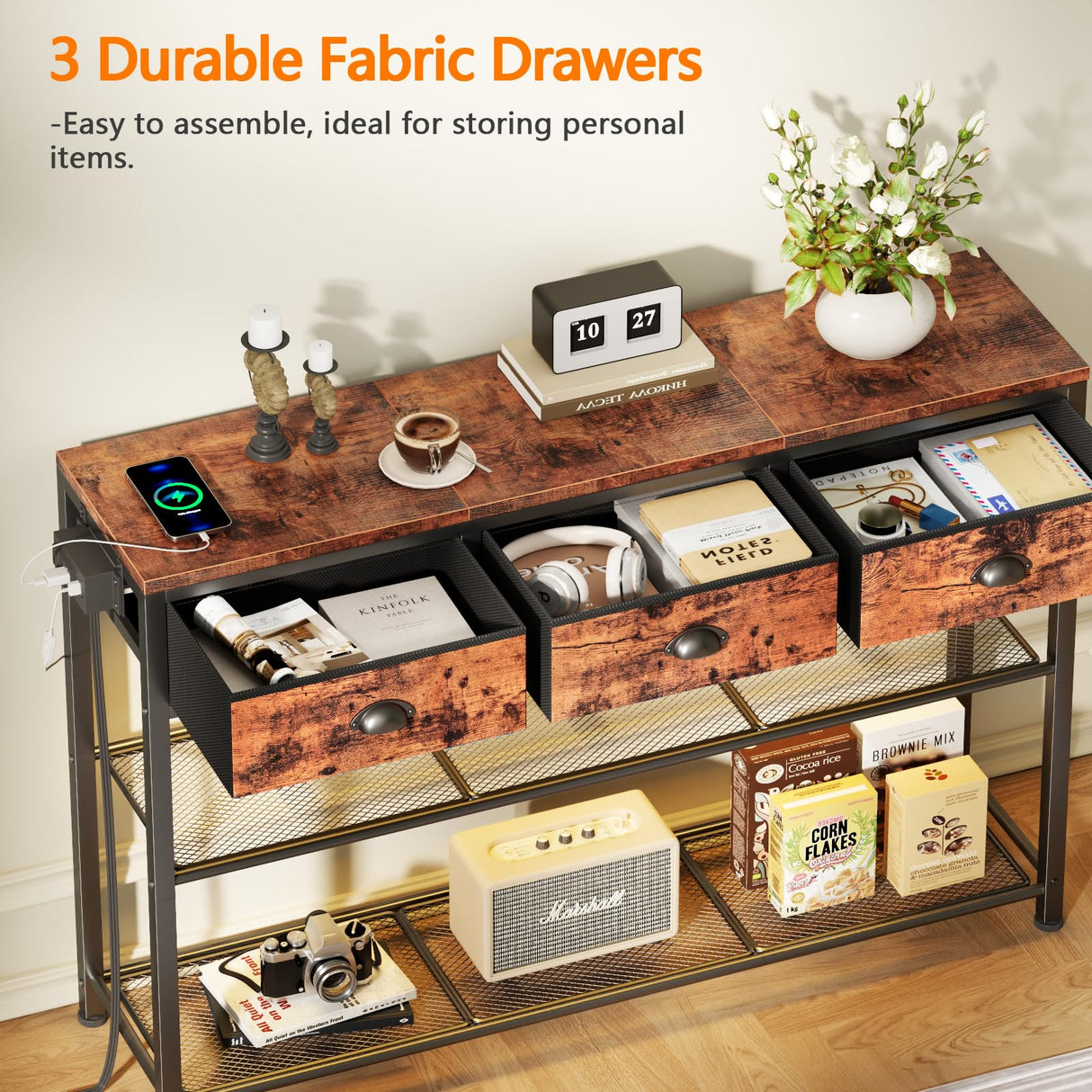 Furologee Console Table with Charging Station & 3 Fabric Drawers, 38'' Entryway Table with Storage Shelves and LED Light, Industrial Foyer Table for Entry Way, Display Shelf for Hallway, Rustic Brown Furologee