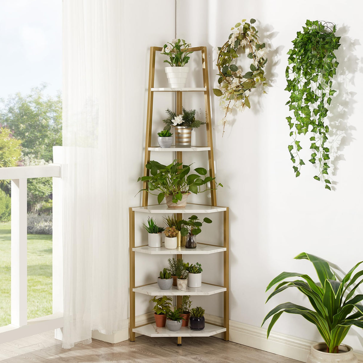 VECELO 6 Tier Corner Shelf 69 Inch Industrial Bookshelf with Metal Frame, Multipurpose Tall Plant Stand with Opening Display Shelves for Living Room, Bedroom, Home Office, Small Space, Gold VECELO