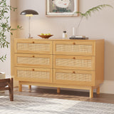 EazeHome 6 Drawer Rattan Dresser for Bedroom, 48” Wide Chest of Drawers, Natural Wooden Handmade Woven Dresser, Boho Storage Organizer for Closet, Living Room and Entryway EazeHome