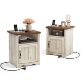 LINSY Farmhouse Night Stand Set of 2, 18.9” Wood End Table with Charging Station, Side Table for Bedroom, Living Room, Couch with USB Ports and Outlets, Nightstand with Storage, Beige LINSY
