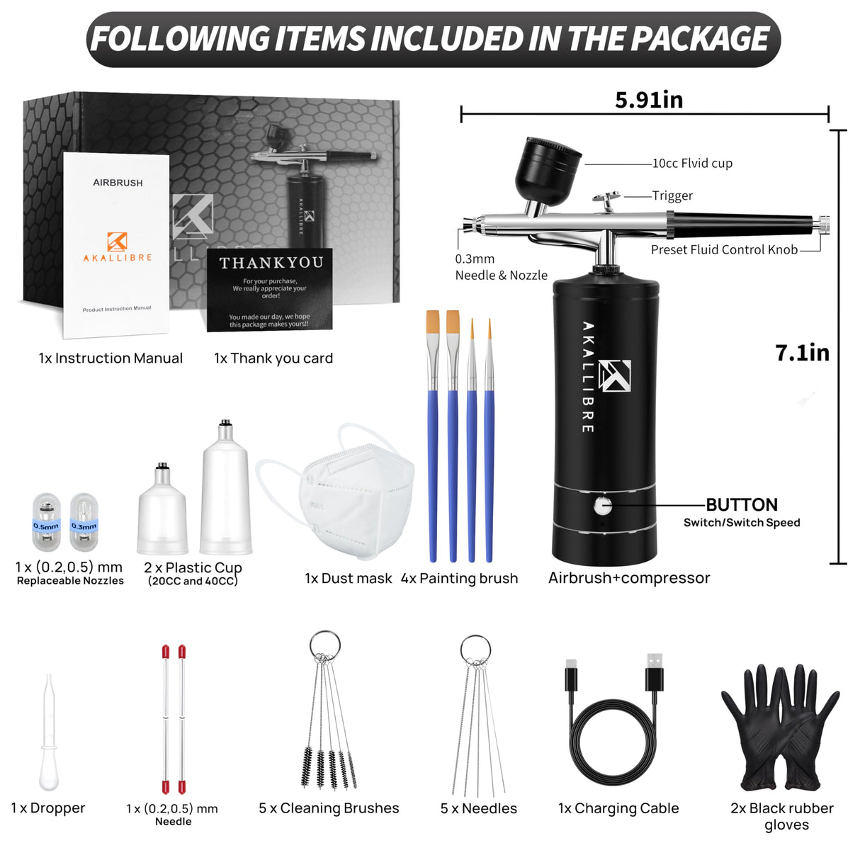 AKALLIBRE Airbrush Kit with Compressor, 48PSI High-Pressure Non-Clogging Airbrush Gun with 0.2/0.3/0.5mm Nozzles, Portable Airbrush for Nails Art, Cake Decoration, Painting etc. AKALLIBRE