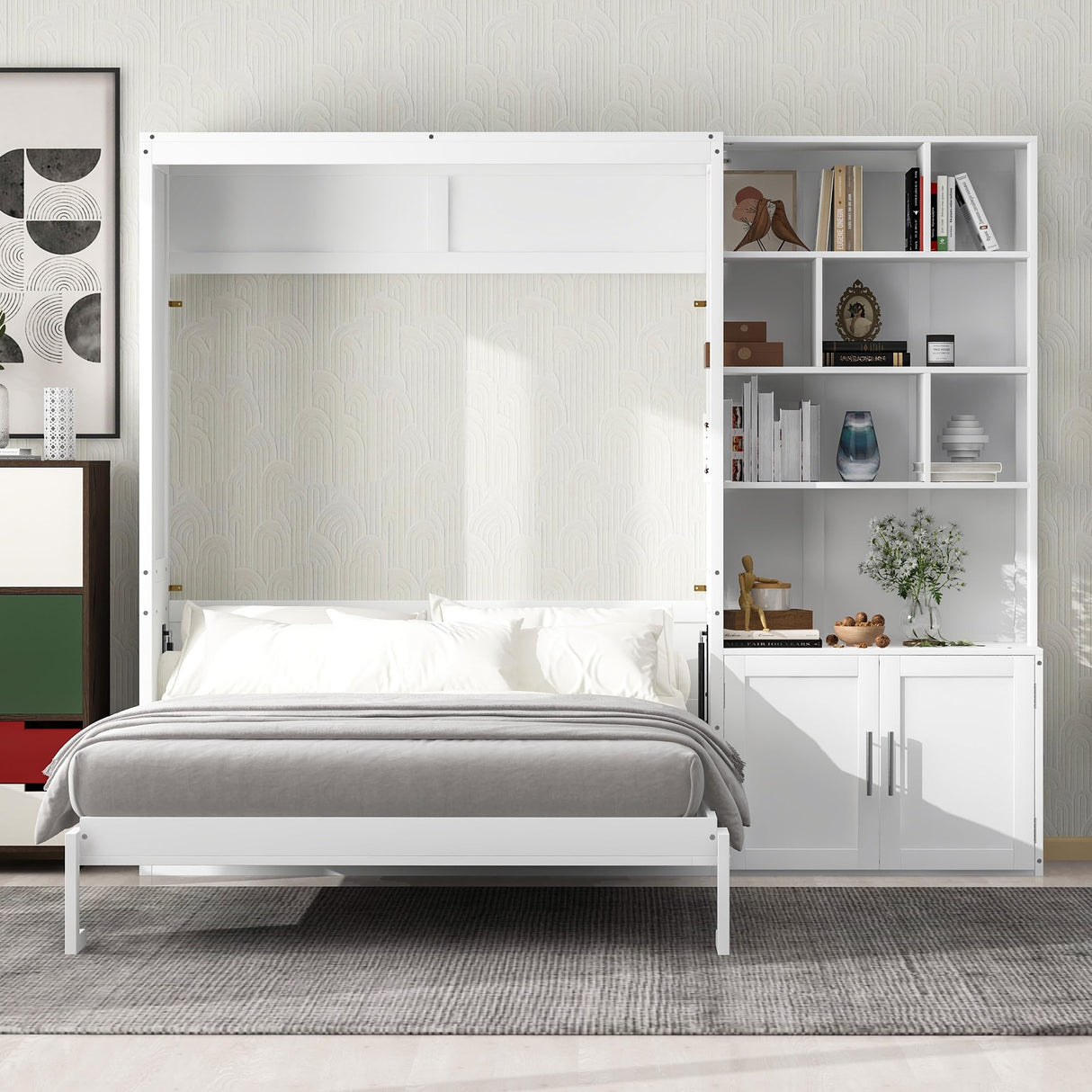 Merax Full Size Murphy Bed, White Wood Wall Bed Cabinet with Multiple Storage Shelves and a Cabinet Merax