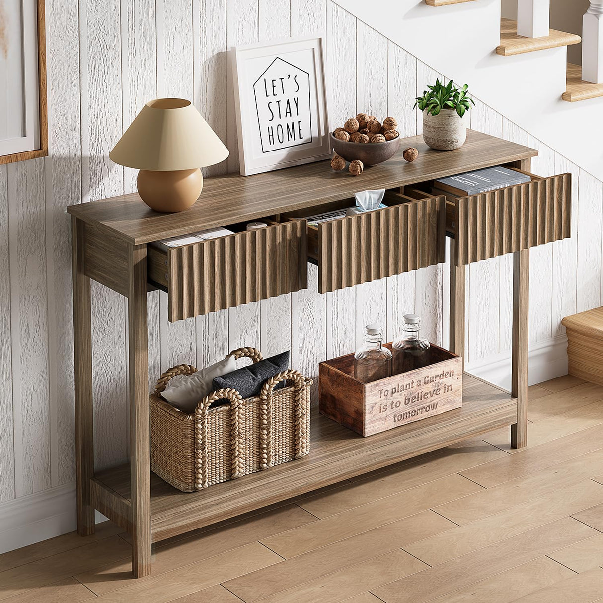 Treocho 47" Console Table with Drawers, Fluted Narrow Entryway Table with Open Shelf, Farmhouse Sofa Table Behind Couch for Hallway, Living Room, Brown Walnut Treocho