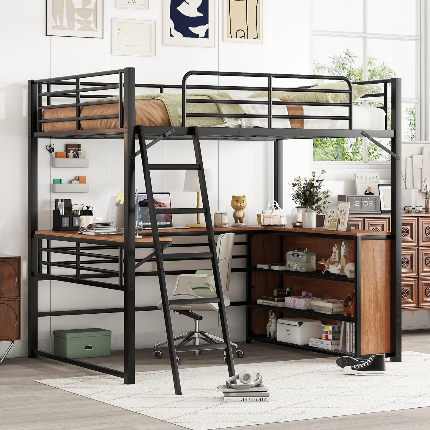 Metal Full Size Loft Bed with L-Shaped Desk,Heavy Duty Loft Bed with 3 Tier Shelves for Kids Teens Adults,High Loft Bed Frame, Space Saving Loft Bed Full Size(Full,Black)