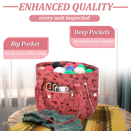 2 Pcs Crochet Bag and Tote Set Corduroy Yarn Holder Crochet Tote Bag for Hooks Vintage Flowers Organizer Yarn Holder for Ideal Mother's Day Gift Knitting Lovers Accessories Bulyoou