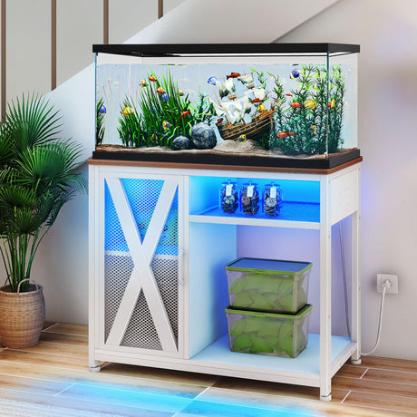 DWVO 40-50 Gallon Aquarium Stand with Power Outlets & LED Light, Cabinet for Fish Tank Accessories Storage - Metal Fish Tank Stand Suitable for Turtle Tank, Reptile Terrarium, 660LBS Capacity, White DWVO
