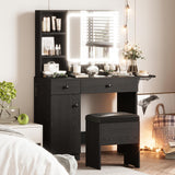 IRONCK Vanity Desk with LED Lighted Mirror & Power Outlet, Makeup Table with Drawers & Cabinet,Storage Stool,for Bedroom, Black IRONCK