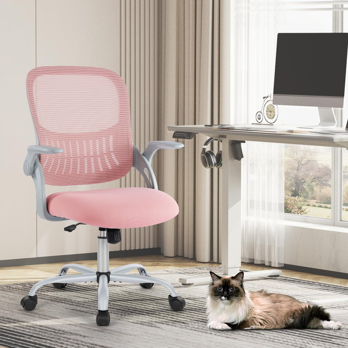 Sweetcrispy Office Computer Desk Chair, Ergonomic Mid-Back Mesh Rolling Work Swivel Task Chairs with Wheels, Comfortable Lumbar Support, Comfy Flip-up Arms for Home, Bedroom, Study, Student, Pink Sweetcrispy
