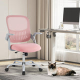 Sweetcrispy Office Computer Desk Chair, Ergonomic Mid-Back Mesh Rolling Work Swivel Task Chairs with Wheels, Comfortable Lumbar Support, Comfy Flip-up Arms for Home, Bedroom, Study, Student, Pink Sweetcrispy