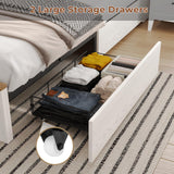 Hasuit Queen Size Farmhouse Bed Frame with Bookcase Headboard, LED Lights, Charging Station, and 2 Drawers in White Hasuit