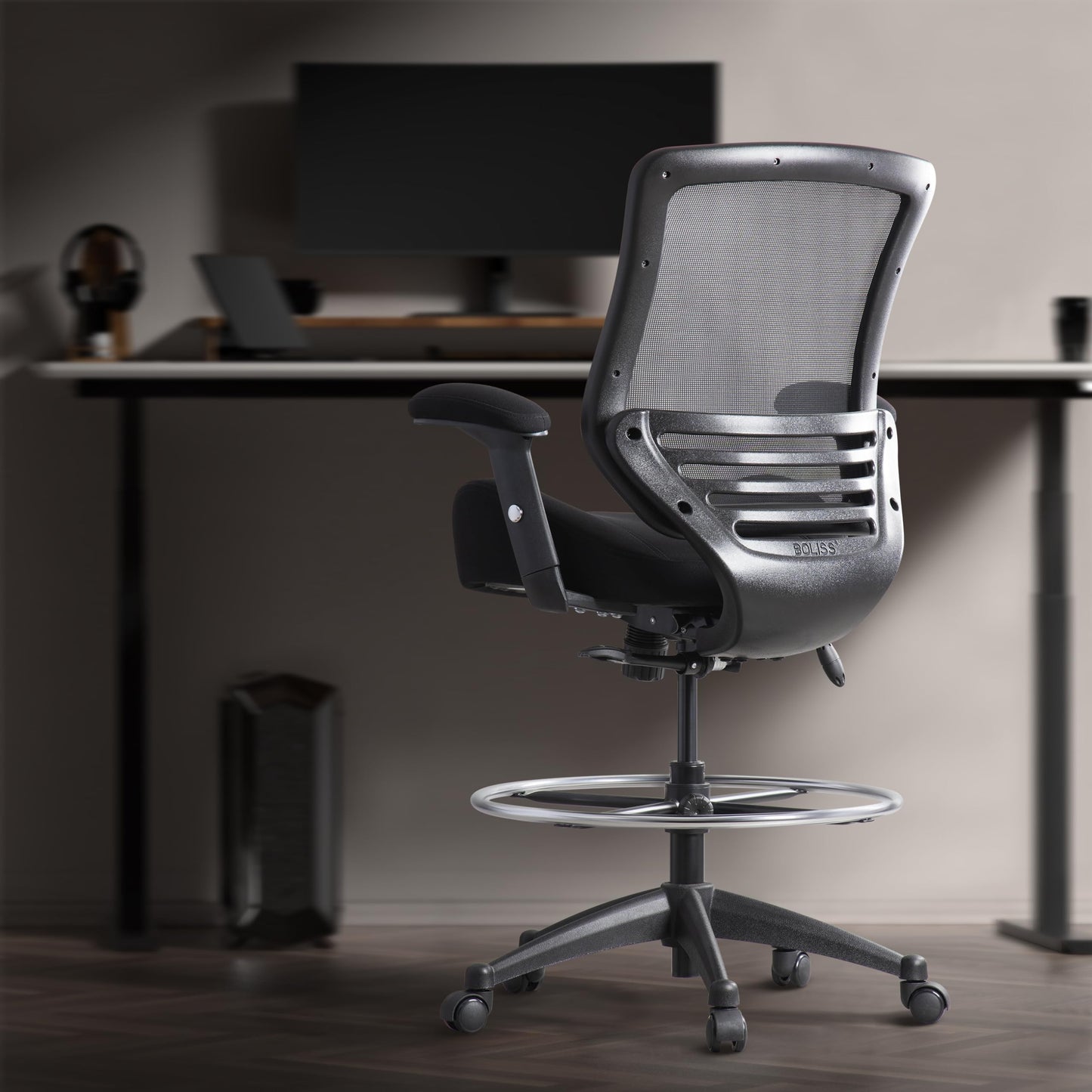 BOLISS Ergonomic Mesh Computer Office Drafting Chair with Super Soft Adjustable Arms Molded Foam Seat Cushion and Lumbar Support-Black