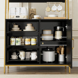 HITHOS 69" Tall Bookshelf, Modern 4-Tier Bookcase with Wooden Drawers and Ladder Shelves, Free Standing Storage Cabinet Kitchen Bakers Rack with Microwave Oven Stand for Home Office, Black Gold HITHOS