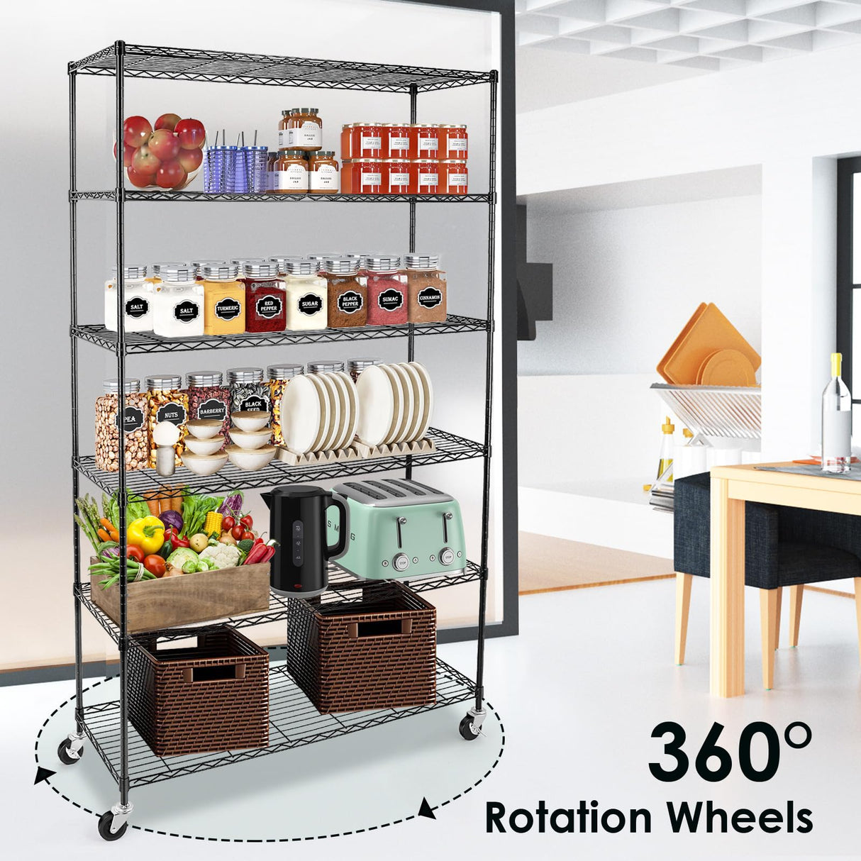 WDT 6 Tier Shelf Shelving Unit with Wheels,Adjustable Metal Shelves for Storage, NSF Black Wire Shelving Rack, 2100Lbs Capacity Heavy Duty Shelving Storage Shelves for Kitchen Garage,47" Dx17 Wx80 H WDT