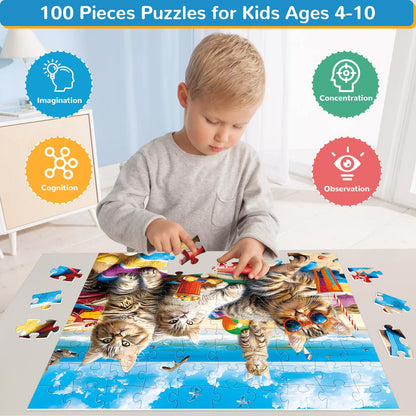 100 Piece Puzzles for Kids Ages 4-8, Beach Cat Puzzles Kids Puzzles Ages 4-6 6-8 8-10 Jigsaw Puzzles Floor Puzzles Children Educational Puzzle Toys Birthday Gift for Boys and Girls