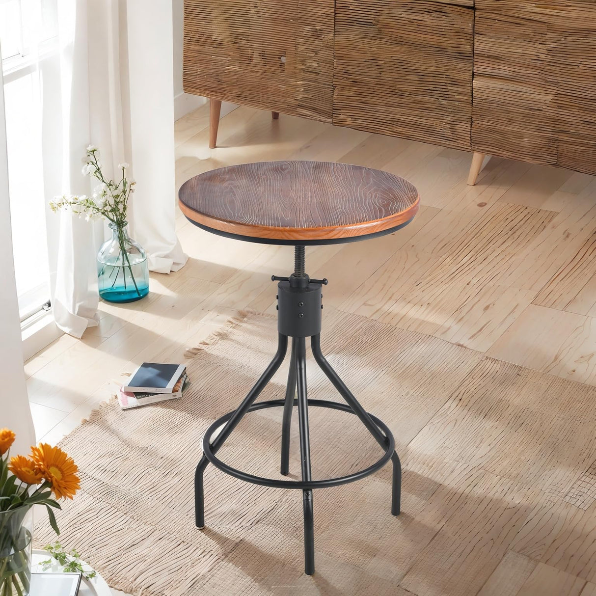 BOKKOLIK Industrial Bar Table, Counter Height 30-36inch Height Adjustable, Swivel Wooden Tabletop, Farmhouse Dinner Table for Home Kitchen，Vintage Display Stand BOKKOLIK