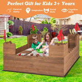 HONEY JOY Sandbox with Sand Wall, Cedar Bottomless Sand Pit for Backyard, 4 Red Flags & Bottom Liner, Side Bench & 2 Boxes, Wooden Sand Boxes for Kids Outdoor, Gift for Boys Girls HONEY JOY
